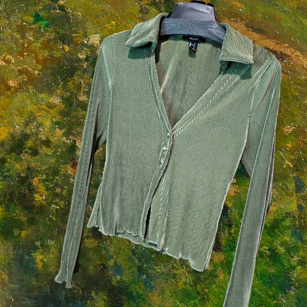 Forever 21 Green Ribbed Button-Up Top